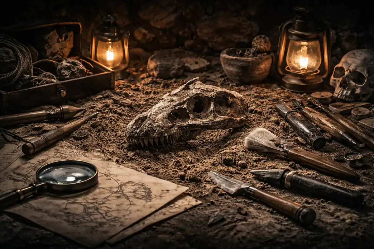 Ein archäologischer Fundort mit Fossilien, alten Werkzeugen, einer menschlichen Schädelreplik und wissenschaftlichen Utensilien, beleuchtet von Kerzen in einer dunklen, geheimnisvollen Atmosphäre.