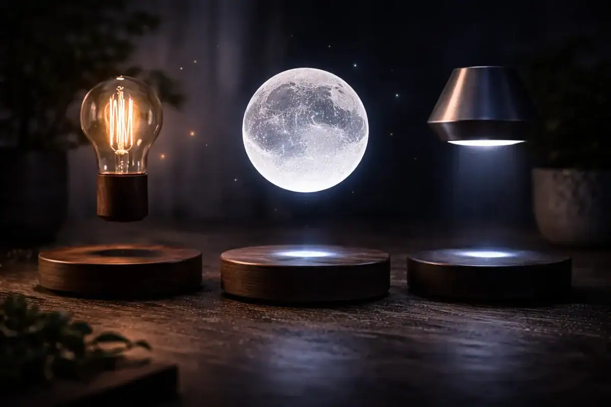 Lampe mit Filament, holographischer Mond und moderne Schreibtischlampe.