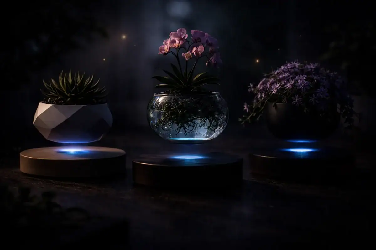 Dekorative Vasen mit beleuchteten Pflanzen und Blumen, die eine geheimnisvolle und elegante Atmosphäre schaffen. Perfekt für wissenschaftliche oder moderne Dekoration, sie verleihen Ihrem Interieur eine einzigartige Note.