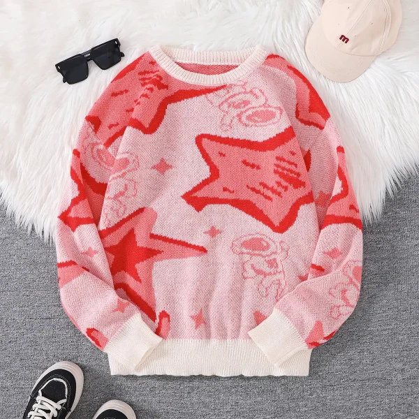 Bunter Pullover mit Sternen-Design in Rot- und Rosatönen, perfekt für einen modischen und gemütlichen Look.