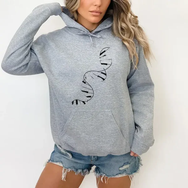 Grauer Kapuzenpullover mit stilisiertem DNA-Muster, ideal für Wissenschafts- und Geek-Dekor-Liebhaber. Bequem und trendig, perfekt für einen lässigen Look.