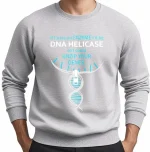 Pullover mit DNA-Motiv und humorvoller Botschaft über das Entsperren von Genen.