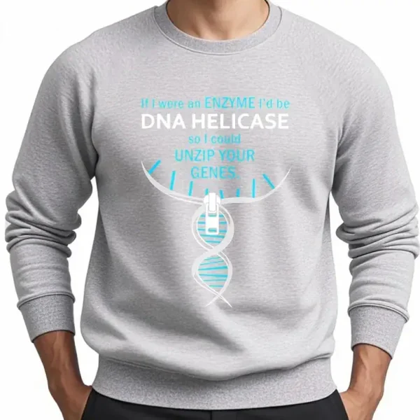 Pullover mit DNA-Motiv und humorvoller Botschaft über das Entsperren von Genen.