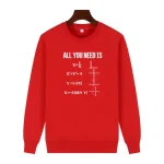Rotes Sweatshirt mit mathematischen Formeln und Grafiken, ideal für Wissenschafts- und Mathe-Enthusiasten, stilvoll und bequem.