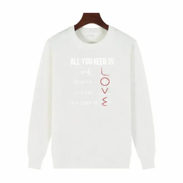 Weißes Sweatshirt mit mathematischen Motiven und dem Text "All you need is love" in Rot, perfekt für Wissenschafts- und Mathematikliebhaber.