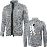 Graue Jacke mit Astronauten- und Weltraum-Motiv, ideal für Science-Fans, mit Reißverschluss und aufwendigem Druck.