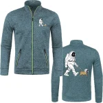 Bequeme blaue Jacke mit Astronaut und Hund-Design, ideal für Science-Fans, mit Reißverschlüssen und stilvollem Look.