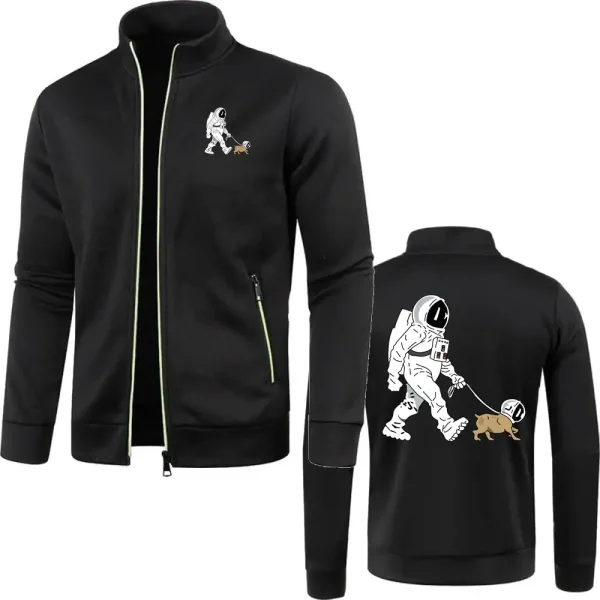 Schwarze Jacke mit Astronauten-Print auf Vorder- und Rückseite, ideal für Science-Fiction-Fans und Weltraum-Enthusiasten. Hochwertiges Material, bequemer Schnitt, perfekt für Freizeit und Cosplay.