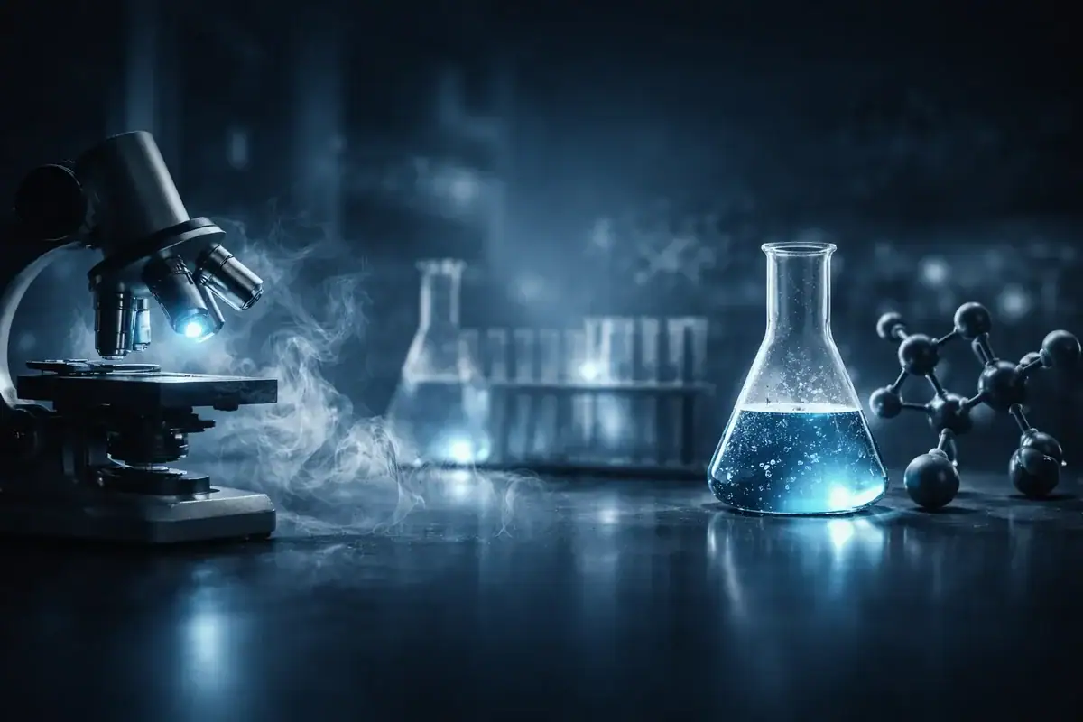 Reagenzglas mit blauer Flüssigkeit und Molekülmodell im Labor, wissenschaftliche Experimente, moderne Laborausstattung.