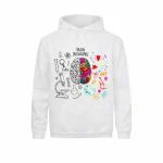 Weiße Kapuzenjacke mit Gehirnillustration, die wissenschaftliche und künstlerische Elemente kombiniert, ideal für Wissenschafts- und Kunstliebhaber.