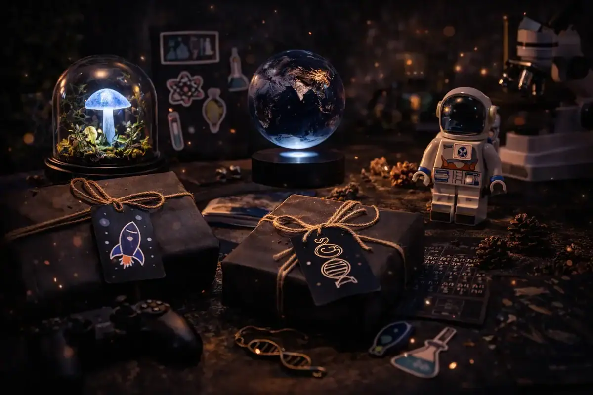 Entdecken Sie eine faszinierende Weltraum-Dekoration mit Planetenkugel, Astronautenfigur und leuchtenden Globen, perfekt für Wissenschafts- und Raumfahrtliebhaber.