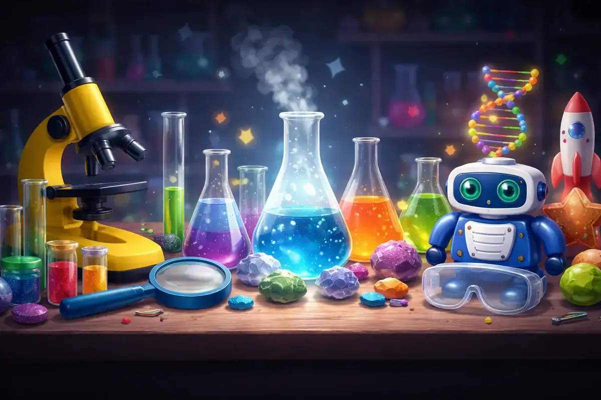 Wissenschaftliches Experimentierset mit Mikroskop, Reagenzgläsern, Roboter und DNA-Modell für Kinder, ideal für Bildung und Spaß zu Hause.