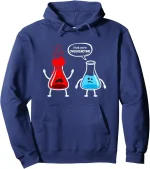 Humorvoller Hoodie mit zwei chemischen Reagenzgläsern, eines rot mit Wut, das andere blau mit Traurigkeit, und einem Spruch "I think you're OVERREACTING" in einer Sprechblase.