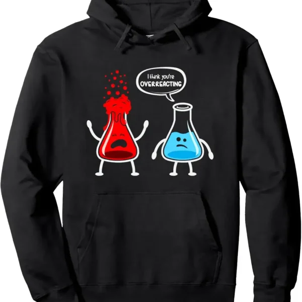Lustiges Hoodie mit zwei Bakterien, eines rot und eines blau, das eine humorvolle Diskussion führt, mit dem Text "Ich denke, du übertreibst". Perfekt für Wissenschafts- und Biologie-Enthusiasten.