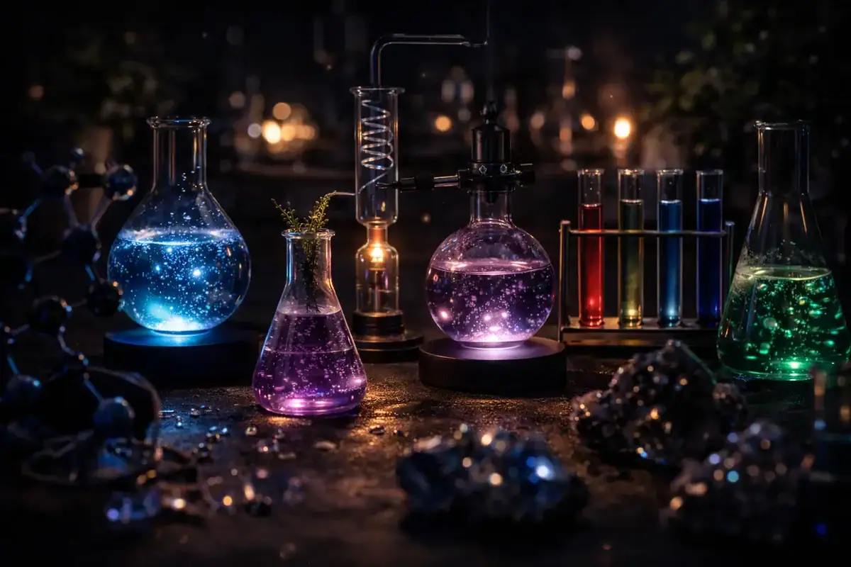 Verschiedene chemische Laborgläser mit leuchtenden Flüssigkeiten in einem dunklen Labor, ideal für wissenschaftliche Experimente und Dekoration.
