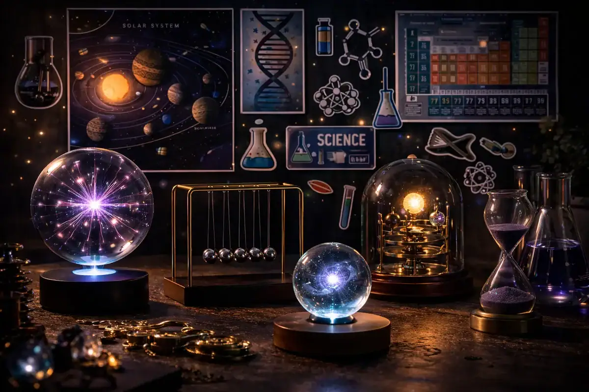 Sammlung von wissenschaftlichen Objekten und Labordekorationen, einschließlich leuchtender Globen, physikalischer Geräte und Illustrationen von Sonnensystemen und Molekülen.