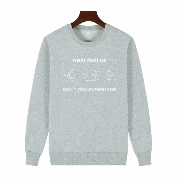 Hellgraue Jacke mit elektrischen Motiven und humorvollem Text über das Verständnis von Stromkreisen.