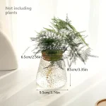 Detaillierte Aufnahme einer Blattpflanze in einer transparenten Glasvase mit Wasser, inklusive Messungen der Pflanze und Vase, auf einem weißen Hintergrund.