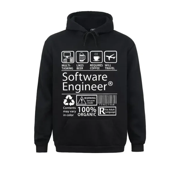 Schwarzer Kapuzenpullover mit Mustern zur Informatik und Programmierung, ideal für Technologie- und Softwareentwicklungsbegeisterte.
