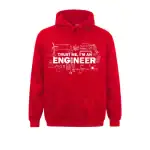 Roter Hoodie mit Ingenieur-Design, wissenschaftlichen Symbolen und dem Text "Trust me, I'm an Engineer" für Technik- und Wissenschaftsbegeisterte.