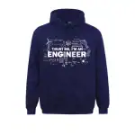Dunkelblauer Hoodie mit weißen wissenschaftlichen Symbolen und dem Text "Trust me, I'm an Engineer" für Technik- und Wissenschaftsbegeisterte.