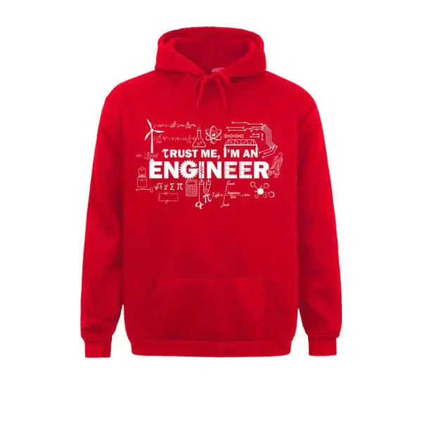 Roter Hoodie mit Ingenieur-Design, wissenschaftlichen Symbolen und dem Text "Trust me, I'm an Engineer" für Technik- und Wissenschaftsbegeisterte.