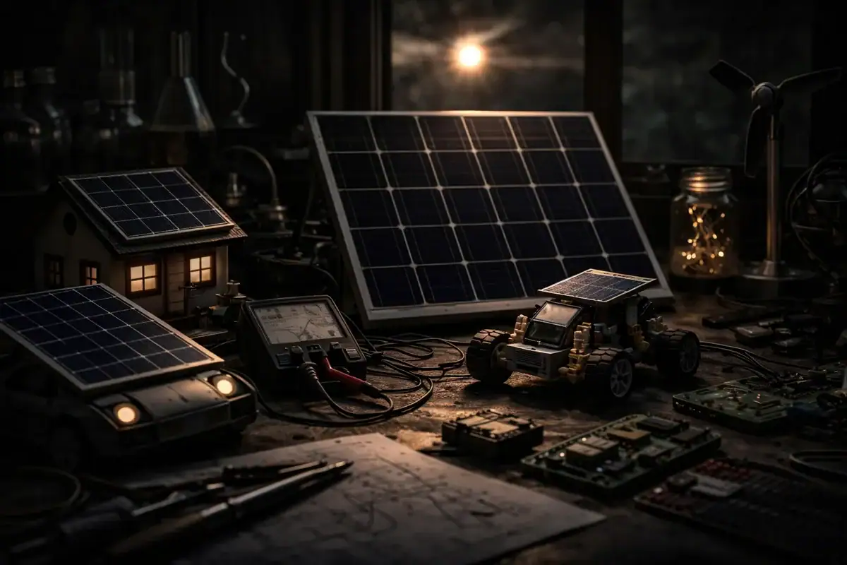 Solarmodul und elektronische Geräte im Labor in einer wissenschaftlichen Werkstatt.
