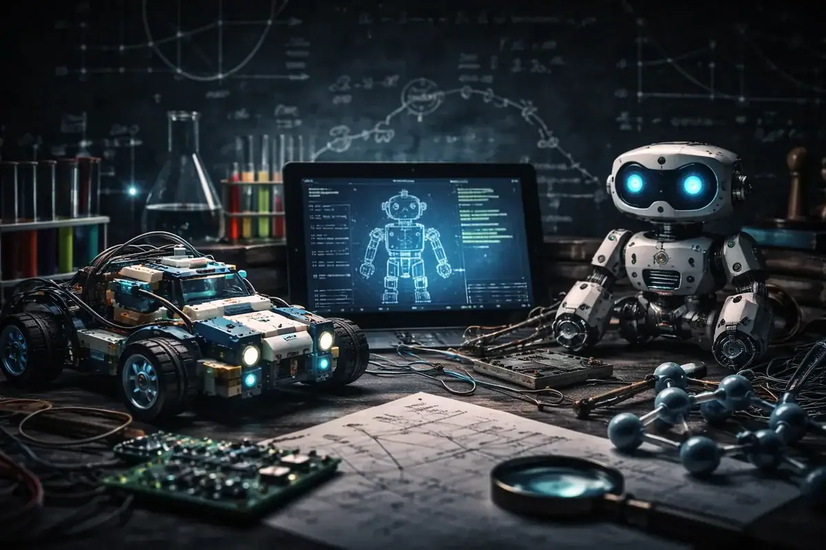 Roboter und wissenschaftliche Fahrzeuge, High-Tech-Labor mit Computer und wissenschaftlicher Ausrüstung.