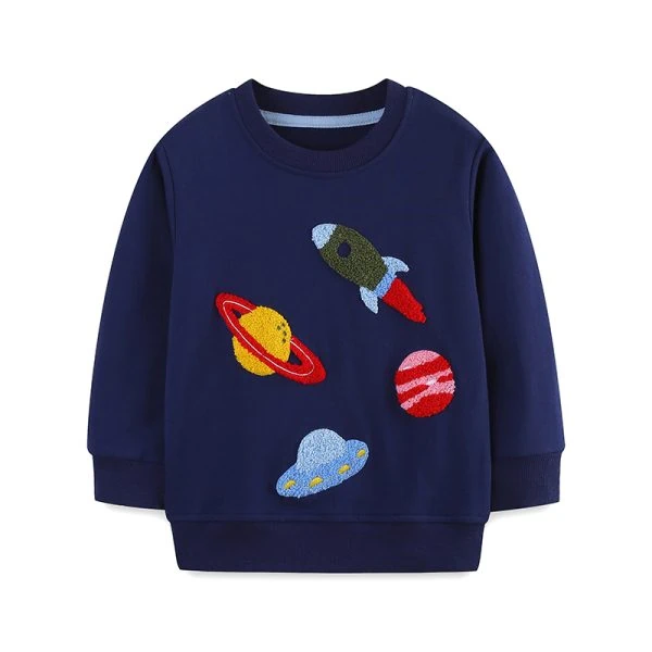 Kinder-Sweatshirt mit Planeten- und Raketenstickereien, Weltraumthema, aus marineblauem Stoff, ideal für die Zimmerdekoration oder einen spielerischen Look.