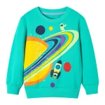 Bunter Kinderpullover mit Weltraummotiv, Astronaut, Rakete und Planeten, ideal für kleine Weltraumfans.