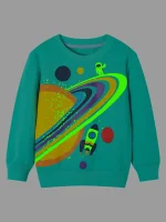 Kinderpullover mit Weltraumdesign, Raketen, Astronauten und Planeten, ideal für Science-Fans, farbenfrohes und kreatives Kleidungsstück für Kinder.