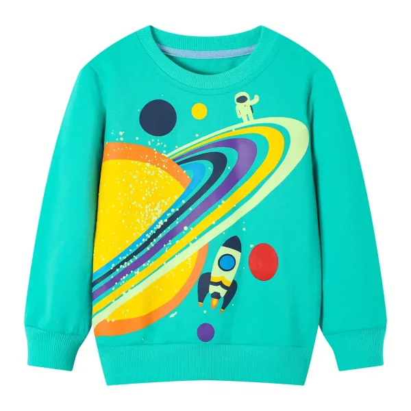Bunter Kinderpullover mit Weltraummotiv, Astronaut, Rakete und Planeten, ideal für kleine Weltraumfans.