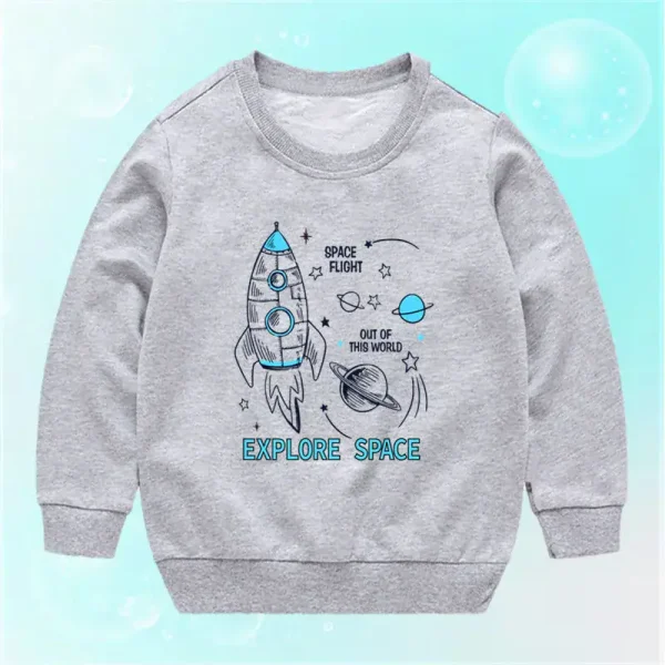 Graues Kinder-Sweatshirt mit Raketen- und Planetenillustration, ideal für Weltraum- und Wissenschaftsbegeisterte.