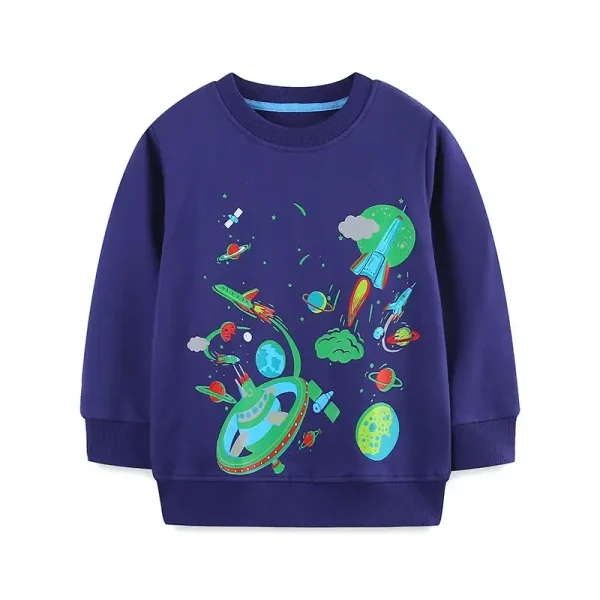 Bunter Kinderpullover mit Weltraummotiv, ideal für kleine Astronauten, mit Planeten, Raketen und Satelliten, perfekt für Science-Fans.