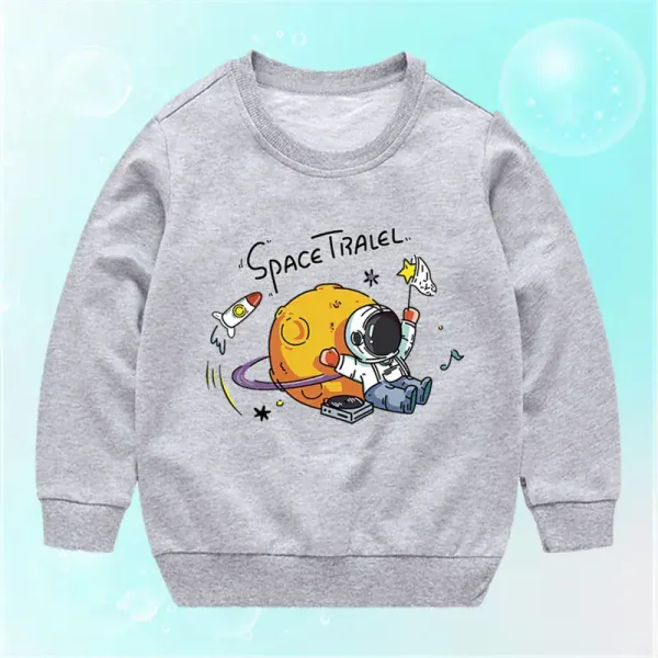 Graues Kinder-Sweatshirt mit Weltraum-Motiv, Astronaut, Rakete und Planeten, ideal für Science-Fans und Raumfahrt-Enthusiasten.