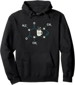 Schwarzer Kapuzenpullover mit molekularem Design und Kaffeetasse, perfekt für Wissenschafts- und Chemiebegeisterte, vereint Stil und wissenschaftliche Leidenschaft.