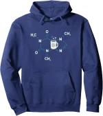 Dunkelblauer Hoodie mit chemischer Molekülgrafik und Kaffeetasse, ideal für Wissenschafts- und Chemie-Enthusiasten, bequemes Design für Alltag und Freizeit.