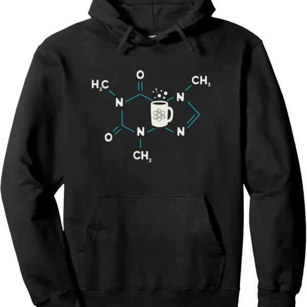 Schwarzer Kapuzenpullover mit molekularem Design und Kaffeetasse, perfekt für Wissenschafts- und Chemiebegeisterte, vereint Stil und wissenschaftliche Leidenschaft.