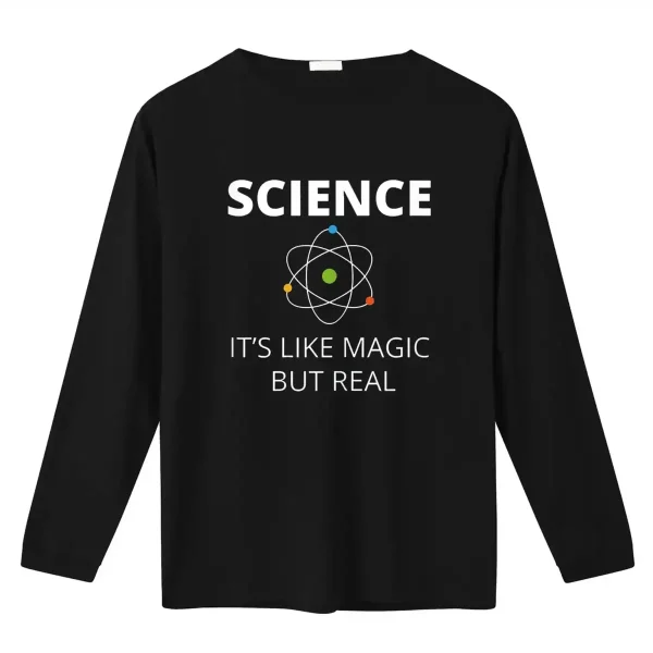 Schwarzes T-Shirt mit atomarem Motiv und dem Text "Wissenschaft ist wie Magie, aber echt" für Wissenschafts- und Geek-Dekorationsliebhaber.