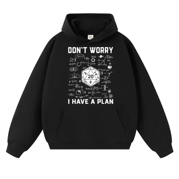 Schwarzer Hoodie mit wissenschaftlichem Plan-Design und Text "Don't Worry, I Have a Plan" für Fans von Wissenschaft und Technik.