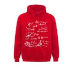 Roter Hoodie mit Illustrationen komplexer mathematischer Gleichungen in Weiß, perfekt für Wissenschafts- und Mathematikliebhaber.