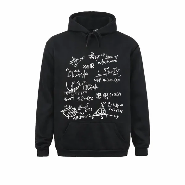 Schwarzer Kapuzenpullover mit weißen mathematischen Gleichungen, perfekt für Wissenschafts- und Mathematikliebhaber, der Stil und Leidenschaft für die Wissenschaft vereint.