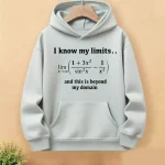 Grauer Hoodie mit mathematischem Spruch, der Grenzen und Unendlichkeit thematisiert, auf hellem Hintergrund.