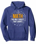 Blaue Kapuzenjacke mit mathematischem Motiv und dem Slogan "Math, the only subject that counts" für Wissenschaftsbegeisterte. Perfekt, um Ihre Leidenschaft für Mathematik im Alltag zu zeigen.