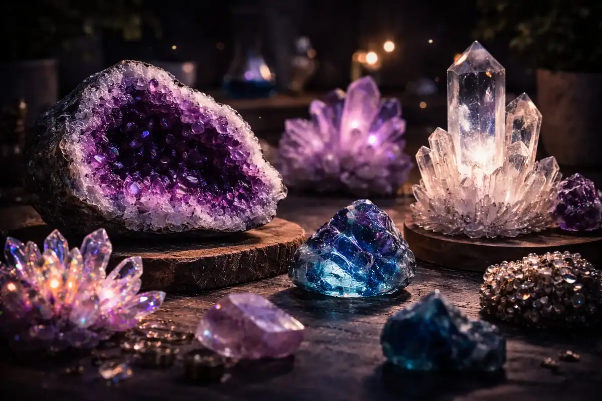Amethyst, Kristalle, Geoden, Mineraliendekoration, Sammlerstücke, Innendekoration, leuchtende Kristalle, Geodenstil-Dekoration, Kristalldekoration, natürliche dekorative Objekte.