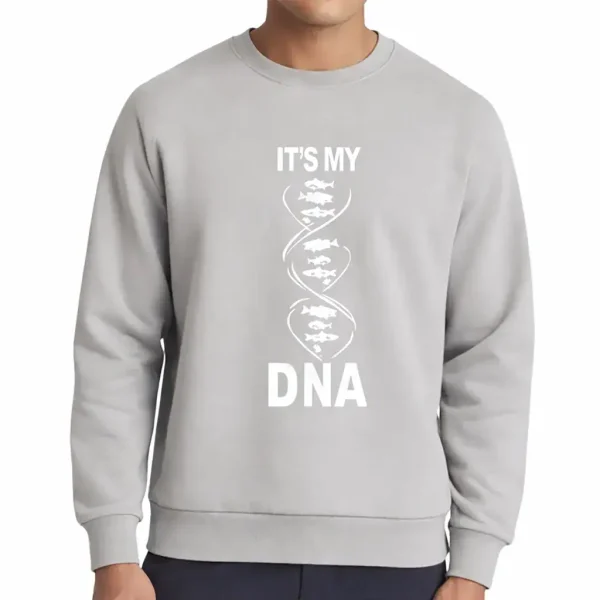 Graues Sweatshirt mit DNA-Motiv und dem Text "It's my DNA" für Wissenschafts- und Genetikliebhaber.