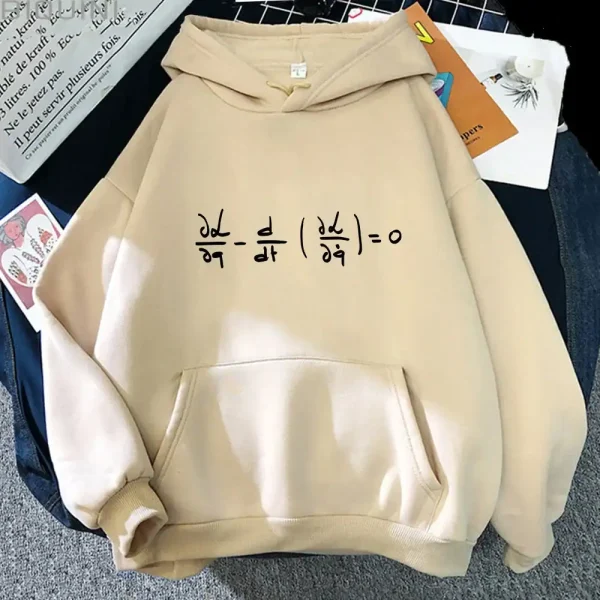 Beiger Kapuzenpullover mit einer mathematischen Gleichung in Ableitungen, in Schwarz in der Mitte dargestellt, ideal für Wissenschafts- und Mathematikliebhaber.