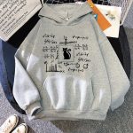 Grauer Hoodie mit wissenschaftlichen Formeln und einem schwarzen Katzenlogo auf der Vorderseite, ideal für Wissenschafts- und Technikliebhaber.
