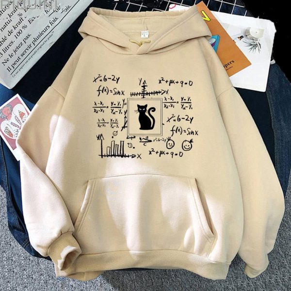Bequemer Kapuzenpullover mit wissenschaftlichen Formeln und einem Katzensymbol in der Mitte, ideal für Wissenschafts- und Technikliebhaber.