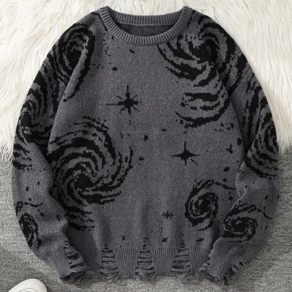 Grauer Pullover mit Sternen- und Galaxiemuster, ideal für Astronomie- und Wissenschaftsbegeisterte, bequem und stilvoll.